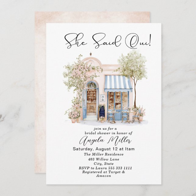 Elegant Watercolor She Said Oui  Bridal Shower Invitation (Front/Back)