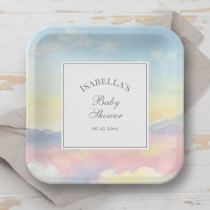 Elegant Watercolor Sky and Clouds Baby Shower Paper Plate
