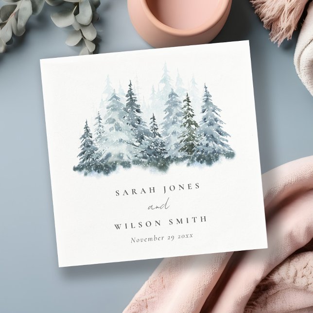 Elegant Watercolor Snow Winter Forest Pine Wedding Napkin (Creator Uploaded)