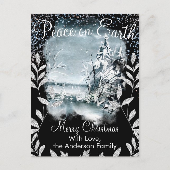 Elegant Watercolor Snowy Night Nature Snow Glitter Postcard (Front)