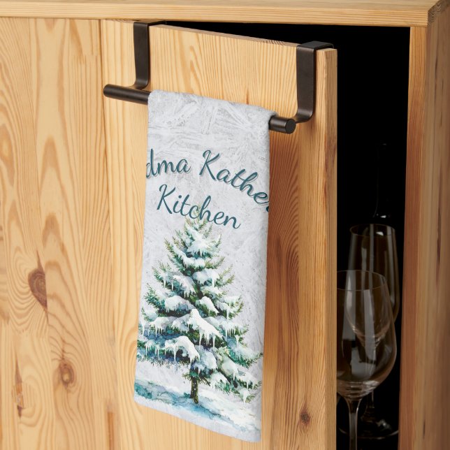 Elegant Watercolor Snowy Spruce Tree Grandma Tea Towel (Thirds Fold)