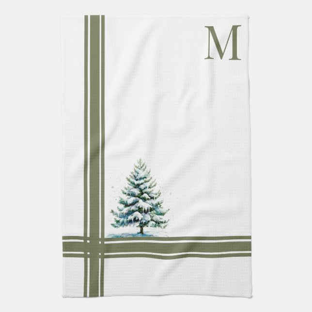 Elegant Watercolor Snowy Spruce Tree Monogrammed Tea Towel (Vertical)