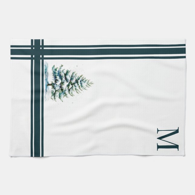 Elegant Watercolor Snowy Spruce Tree Monogrammed Tea Towel (Horizontal)