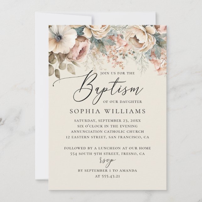 Elegant watercolor soft boho floral script baptism invitation (Front)