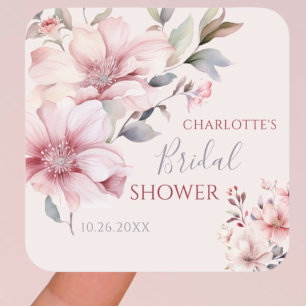 Elegant Watercolor Soft Pink Floral Bridal Shower Square Sticker