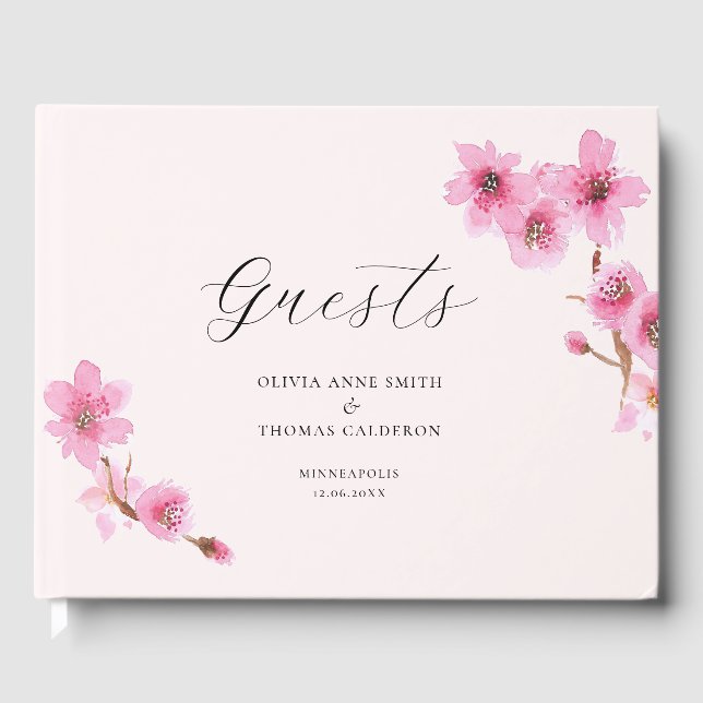 Elegant Watercolor Spring Cherry Blossom Wedding Guest Book (Front)