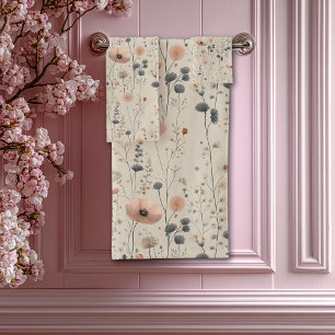 Elegant Watercolor Spring Flowers Pink Grey Bath Towel Set