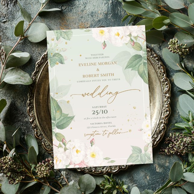 Elegant watercolor spring white wild roses sage invitation (Elegant watercolor spring white wild roses sage invitation)