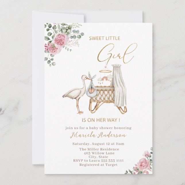 Elegant Watercolor Stork Baby Girl Baby Shower Invitation (Front)