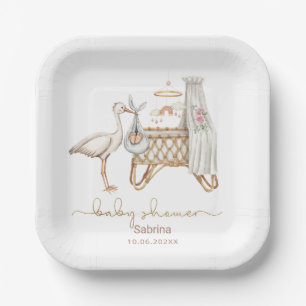Elegant Watercolor Stork Baby Girl Pink Floral Gol Paper Plate