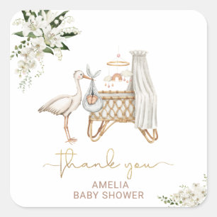 Elegant Watercolor StorkGirl white Floral Baby Sho Square Sticker