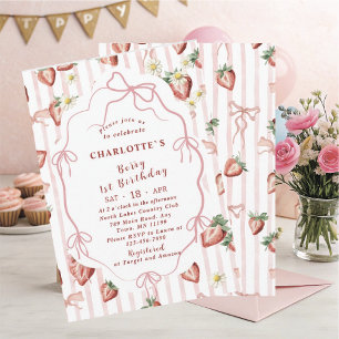 Elegant Watercolor Strawberry girl 1st birthday Invitation