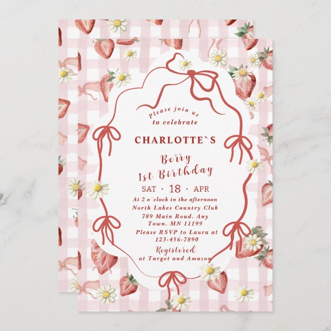 Elegant  Watercolor Strawberry girl 1st birthday Invitation (Front/Back)