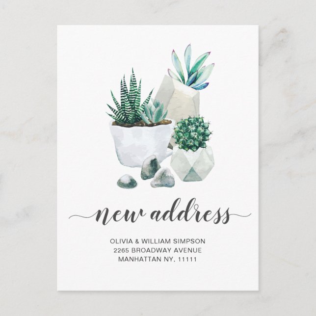 Elegant Watercolor Succulent Moving Announcement Postcard (Front)