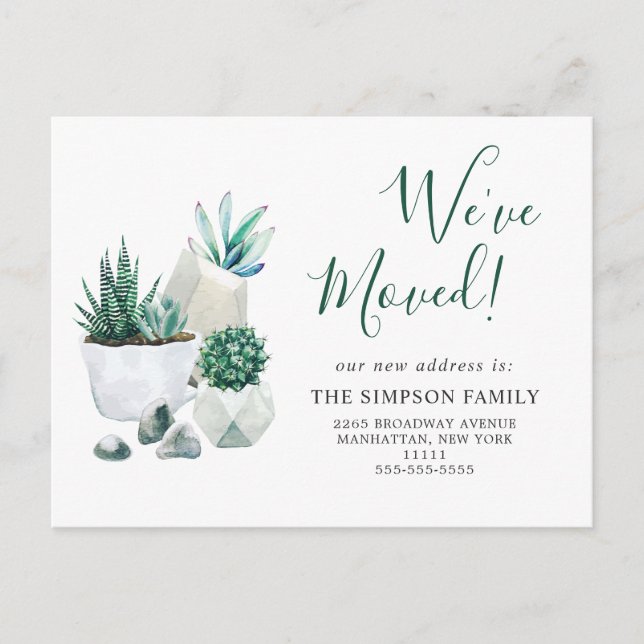 Elegant Watercolor Succulent Moving Announcement Postcard (Front)