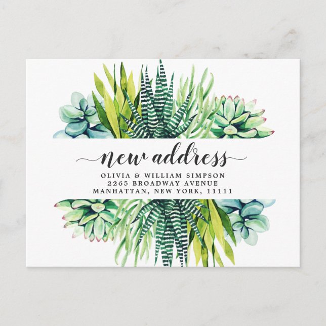 Elegant Watercolor Succulent Moving Announcement Postcard (Front)