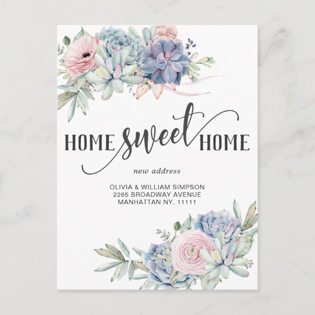 Elegant Watercolor Succulent Moving Announcement Postcard (Front)