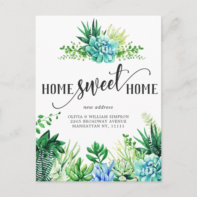 Elegant Watercolor Succulent Moving Announcement Postcard (Front)