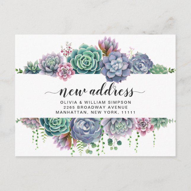 Elegant Watercolor Succulent Moving Announcement Postcard (Front)