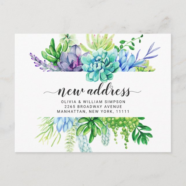 Elegant Watercolor Succulent Moving Announcement Postcard (Front)