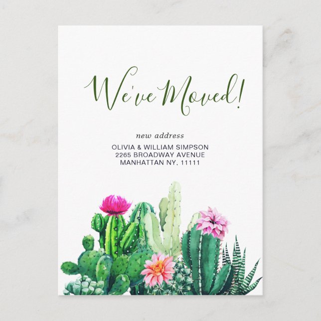 Elegant Watercolor Succulent Moving Announcement Postcard (Front)