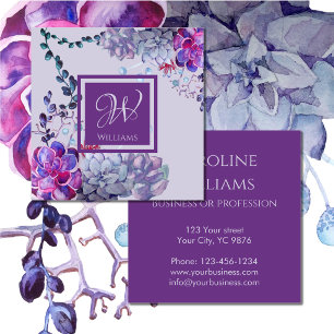 Elegant Watercolor Succulent Plants Pastel Purple Square Business Card