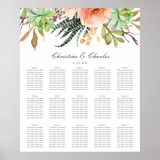 Elegant Watercolor Succulent Wedding Seating Chart (Front)