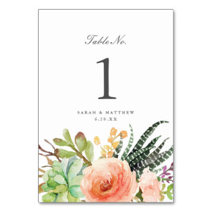 Elegant Watercolor Succulent   Wedding Table Number
