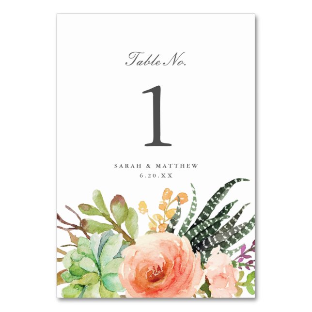 Elegant Watercolor Succulent | Wedding Table Number (Front)