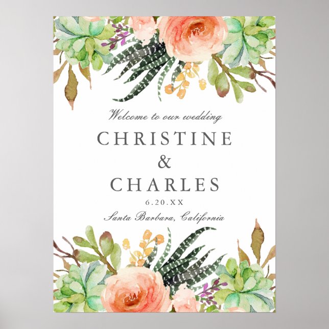 Elegant Watercolor Succulent Wedding Welcome Sign (Front)