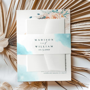Elegant Watercolor Summer Beach Floral Blue Invitation Belly Band
