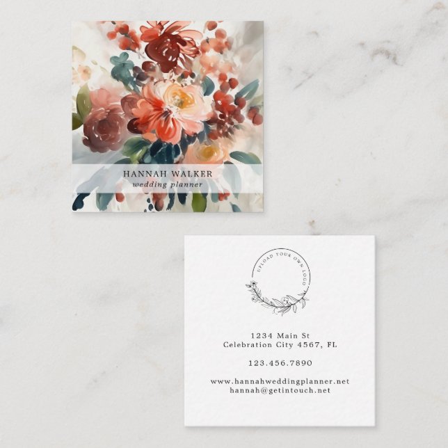 Elegant Watercolor Summer Flowers Your Logo Square Business Card (Front/Back)