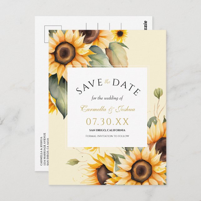Elegant Watercolor Sunflower Boho Save The Date Postcard (Front/Back)