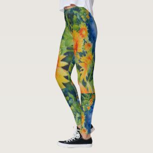 Elegant watercolor sunflower fields painting leggings