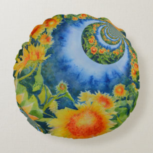 Elegant watercolor sunflower fields round cushion