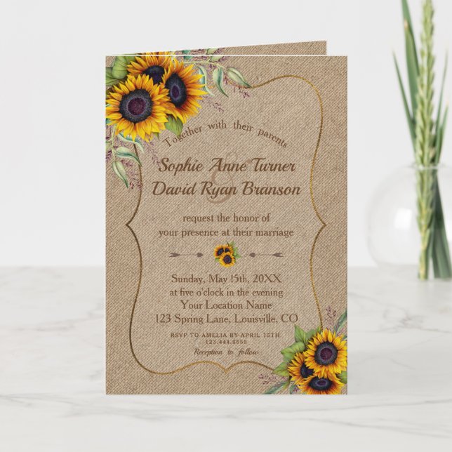 Elegant Watercolor Sunflowers Burlap Wedding Invitation (Front)