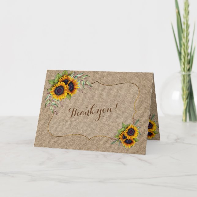 Elegant Watercolor Sunflowers Burlap Wedding Thank You Card (Front)