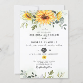 Elegant Watercolor Sunflowers Eucalyptus Wedding Invitation