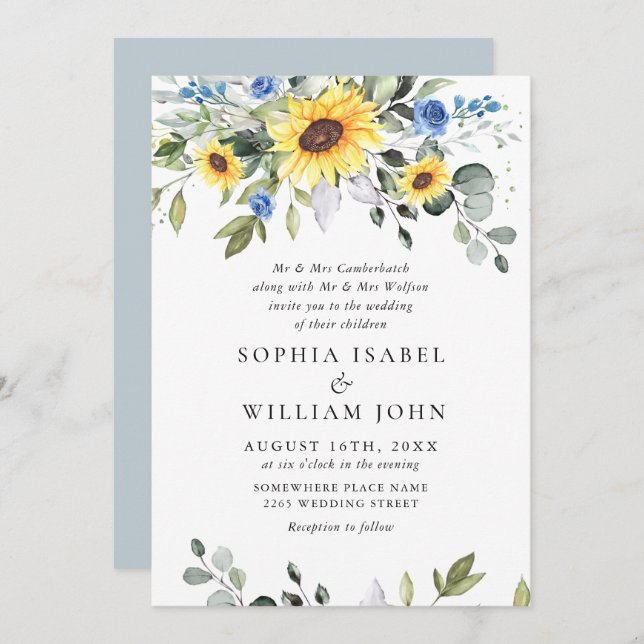 Elegant Watercolor Sunflowers Eucalyptus Wedding Invitation (Front/Back)