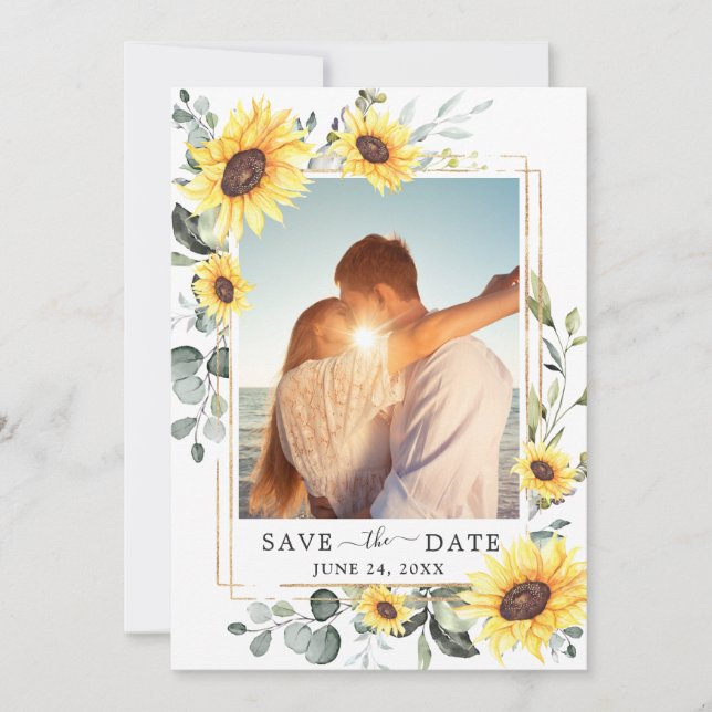 Elegant Watercolor Sunflowers Eucalyptus Wedding Save The Date (Front)