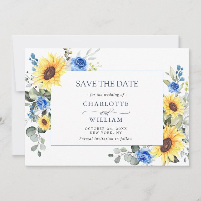 Elegant Watercolor Sunflowers Eucalyptus Wedding Save The Date (Front)