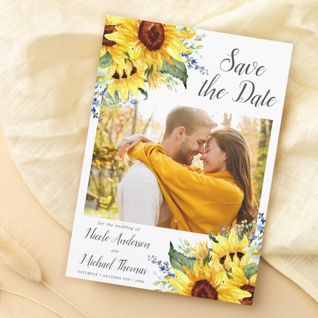 Elegant Watercolor Sunflowers Photo Save The Date (Creator Uploaded)