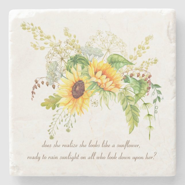 Elegant Watercolor Sunflowers Quote Stone Coasters (Front)