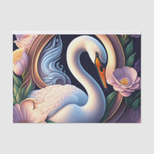 Elegant Watercolor Swan in Oriental Flower Tissue Paper