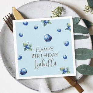Elegant Watercolor Sweet Blue Berry Happy Birthday Napkin