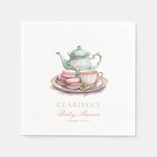 Elegant Watercolor Tea Party Baby Shower Pink Gold Napkin (Front)