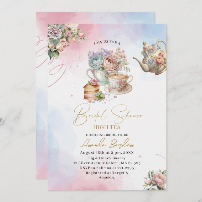 Elegant watercolor tea party girl pink gold bridal invitation (Front/Back)