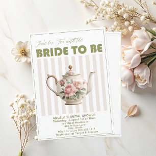 Elegant Watercolor Tea Party Green Pink Floral Tea Invitation