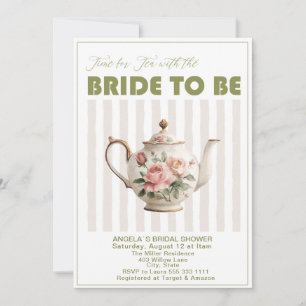 Elegant Watercolor Tea Party Green Pink Floral Tea Invitation