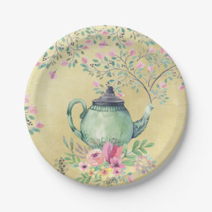 Elegant Watercolor Teapot and Flowers Gold Paper Plate